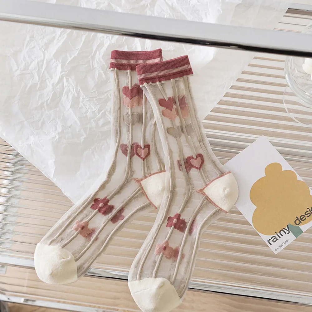 X62 | Floral Summer Sheer Mesh Socks | Mauve1 | Hearts & Flowers | One Size